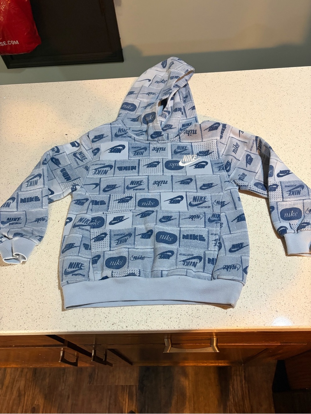 Nike Light Blue Hoodie with Navy Logo Print size 6/ 5-6 Y
